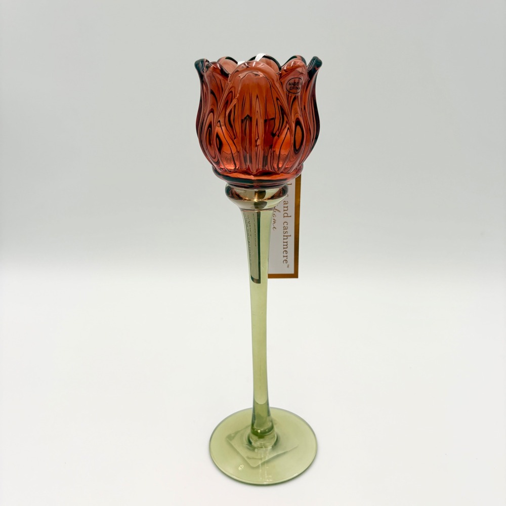 Cupcakes and Cashmere Glass Tulip Tea Light Candle Holder Amber Orange Green